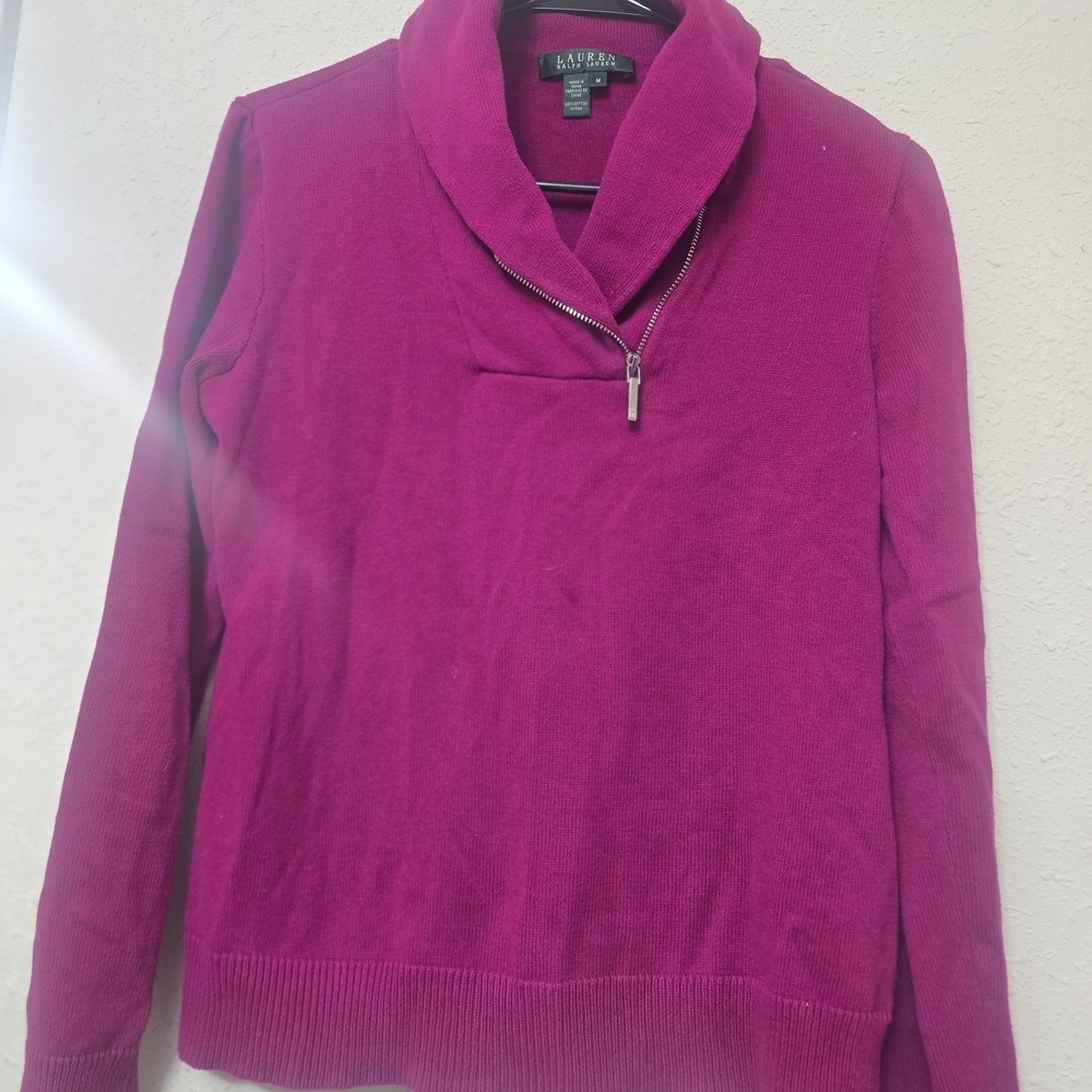 Lauren Ralph Lauren Fuchsia Shawl Collar Zip Knit Sweater